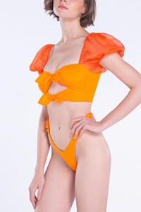Puff Shoulder Cutout Bandeau & Brazilian Ruffle Brief back mobile